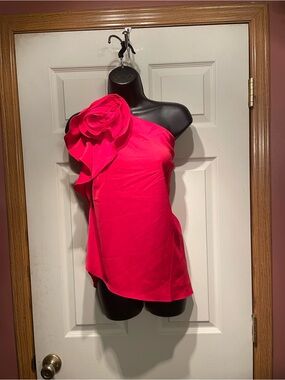 One-Shoulder Hot red Floral Ruffle Top